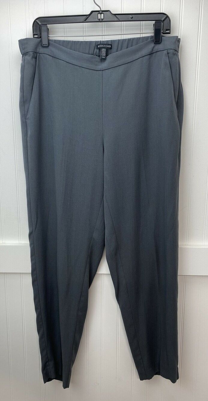 Eileen Fisher Pants Tencel Tapered Leg Sz Medium Dark Gray Textured Elastic EUC